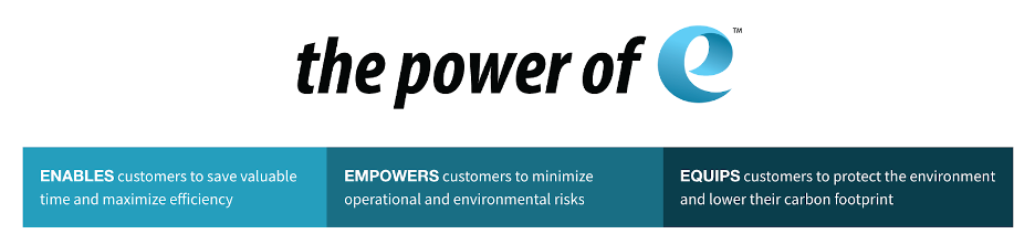 The power of e Enables customers to save valuable time and maximize efficiency, empowers customers to minimize operational and environmental risks, and equips customers to protect the enivronment and lower their carbon footprint.