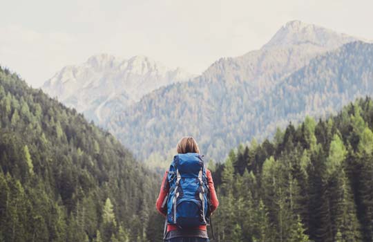 A hiker staring out into the wilderness with a large blue backpack