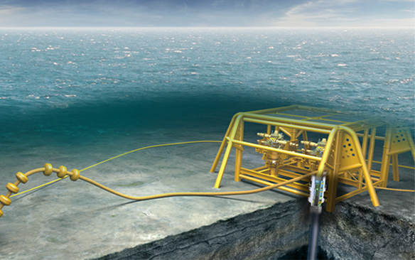 The Dril-Quip SingleBore SBTe Subsea Wellhead on the ocean floor being incorporated into a template arrangement attached to a marine buoy used for injection purposes.